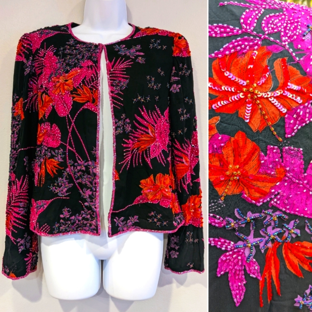 Vintage Sean Collection silk sequins floral blazer jacket size M party